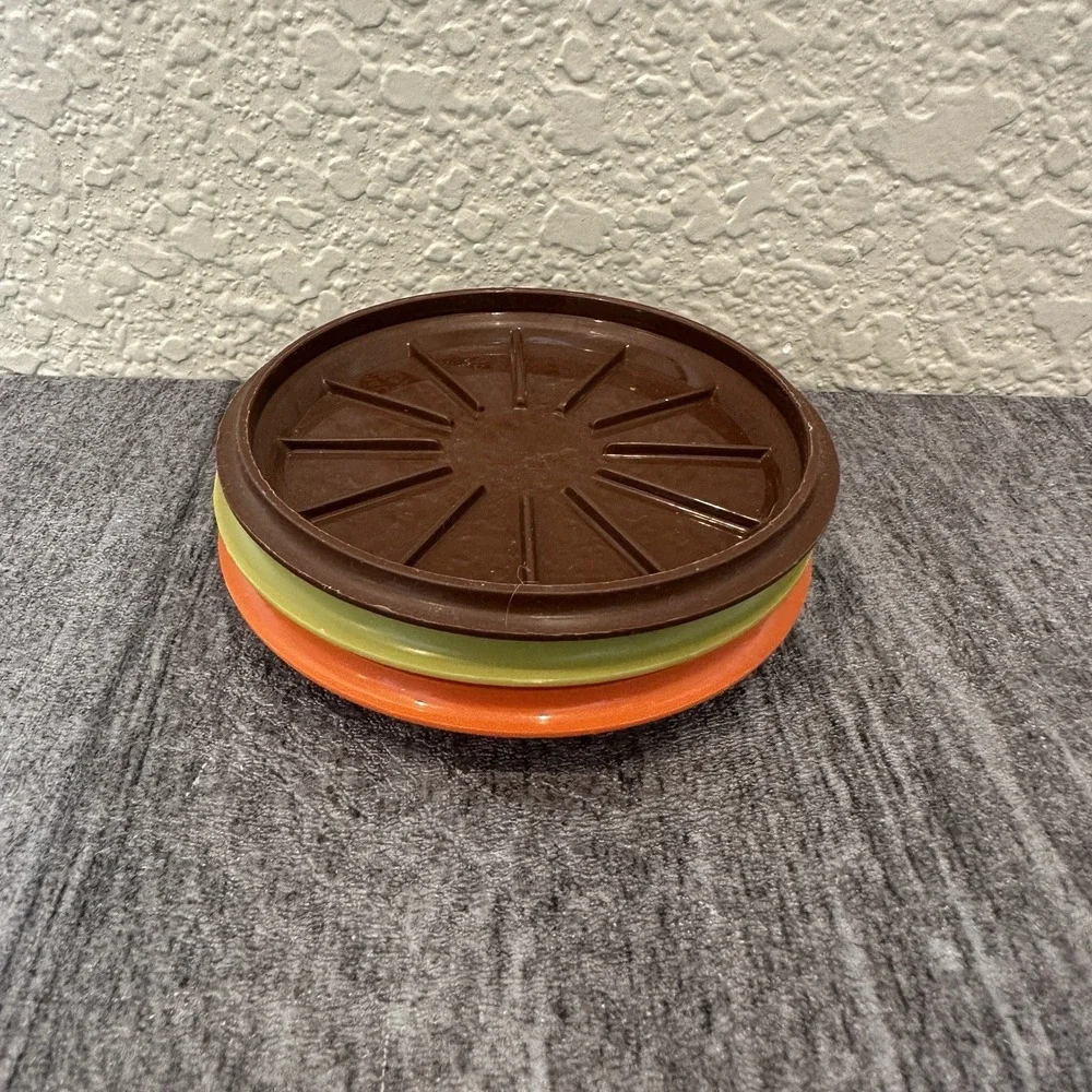 Tupperware Vintage Coffee Cup Mug Lids / Coaster Lot 3 #1313 Green Orange Brown